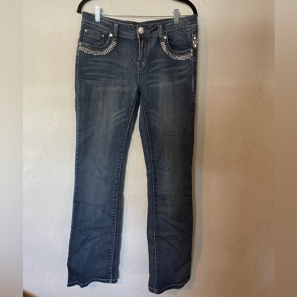 L.A. idol Dark Blue Boot Cut Jeans with Crystal Pocket Detail